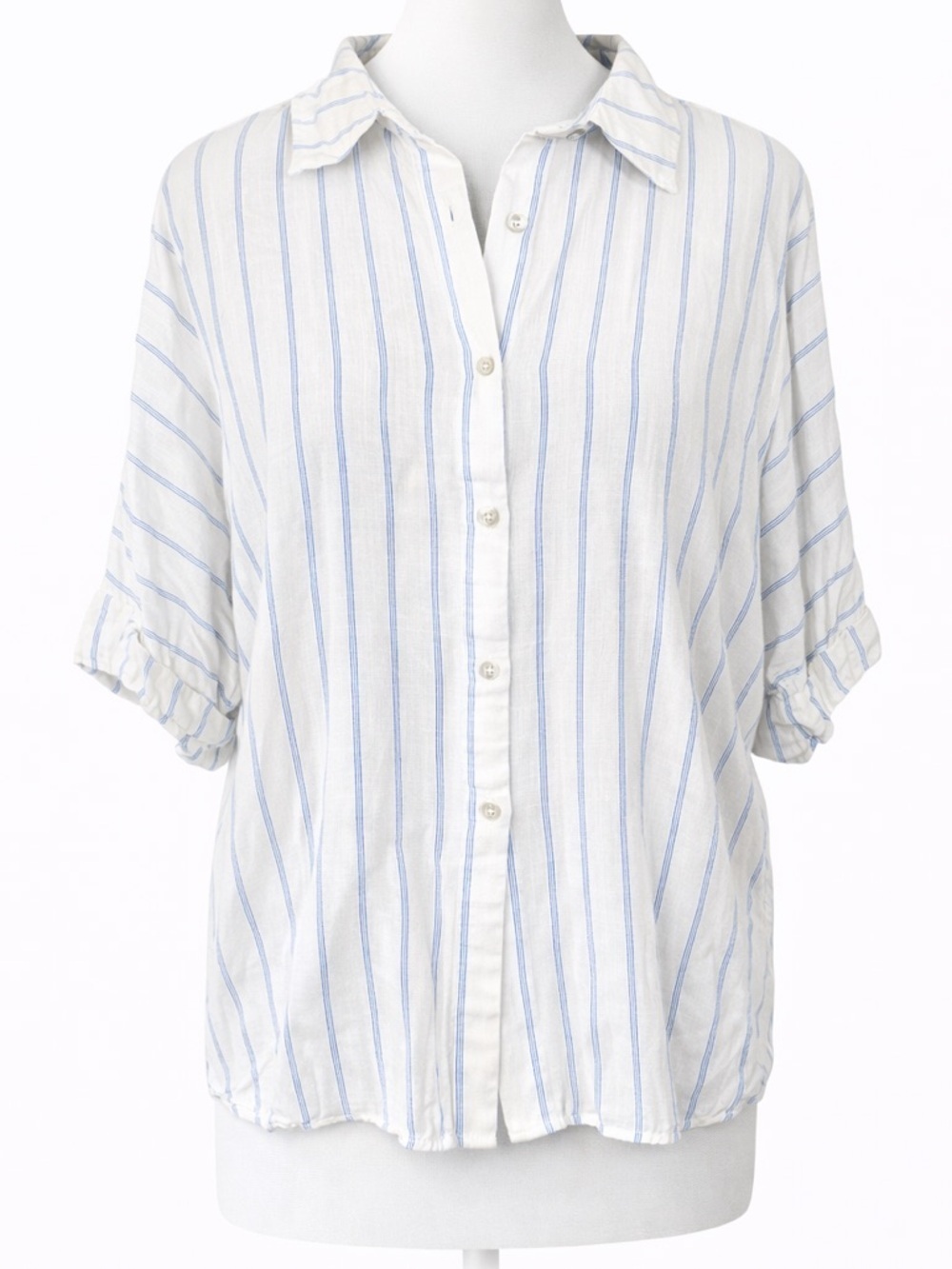 Pink Lily White with Blue Pin Stripe Collared Button Down Short Sleeve Shirt S